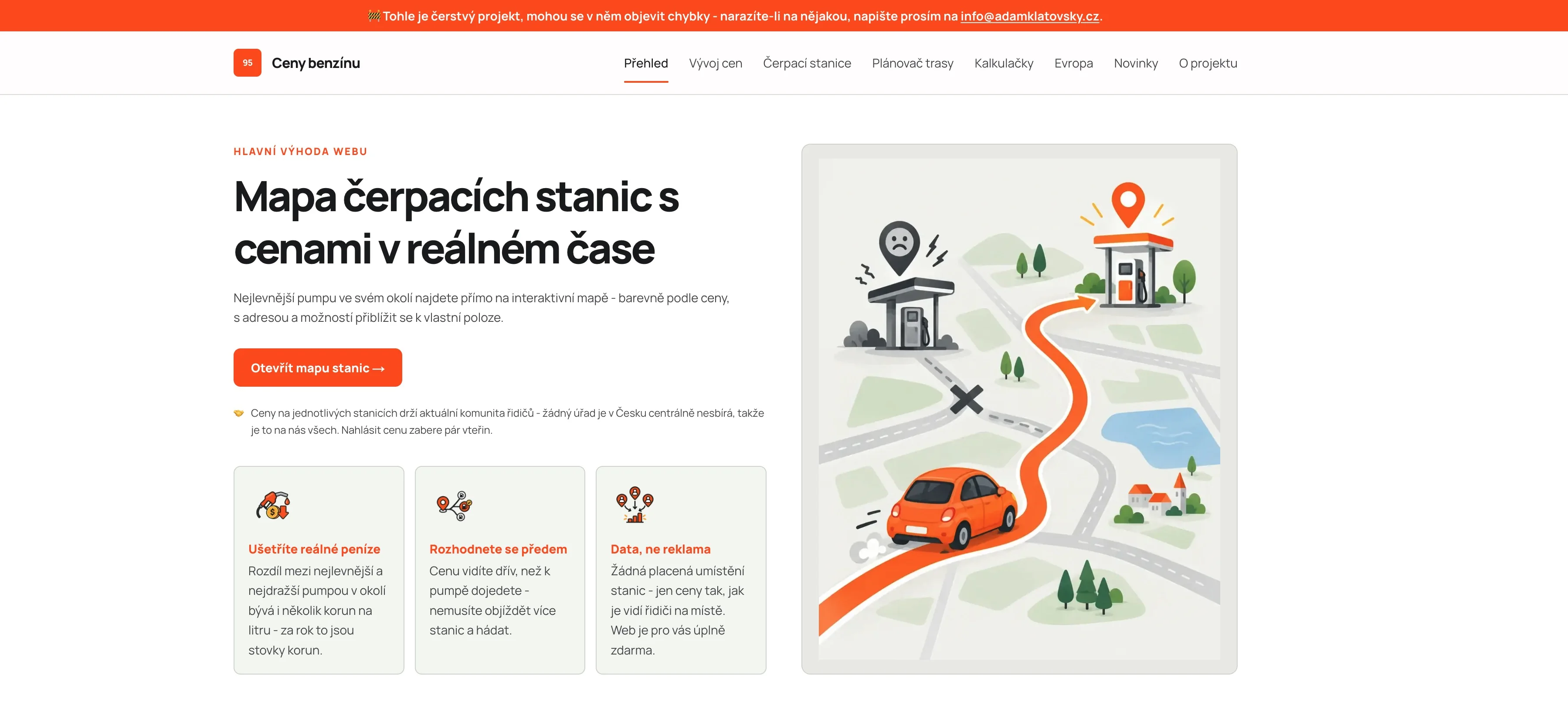 Úvodní stránka webu Ceny benzínu s mapou čerpacích stanic